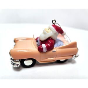 Vintage Santa in Convertible Car Ornament Pink Automobile Made Hong Kong